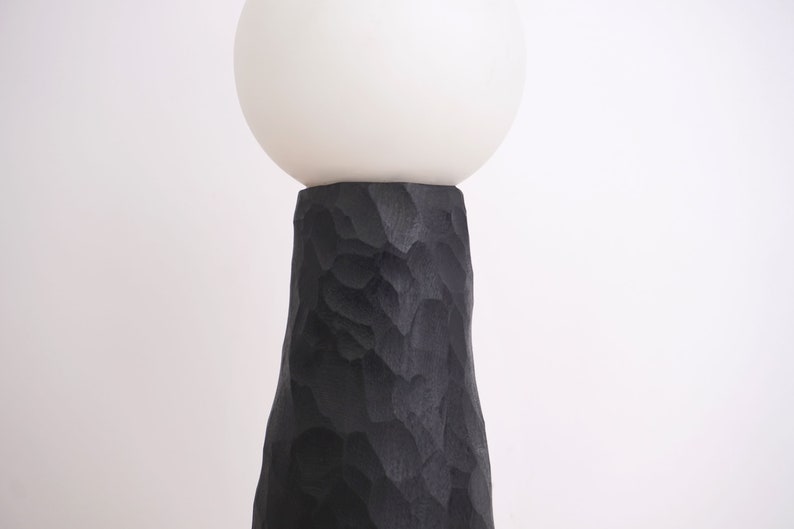 hand carved ebonized maple tall lamp. Wabi sabi textured minimal zen lamp, Japanese style image 4