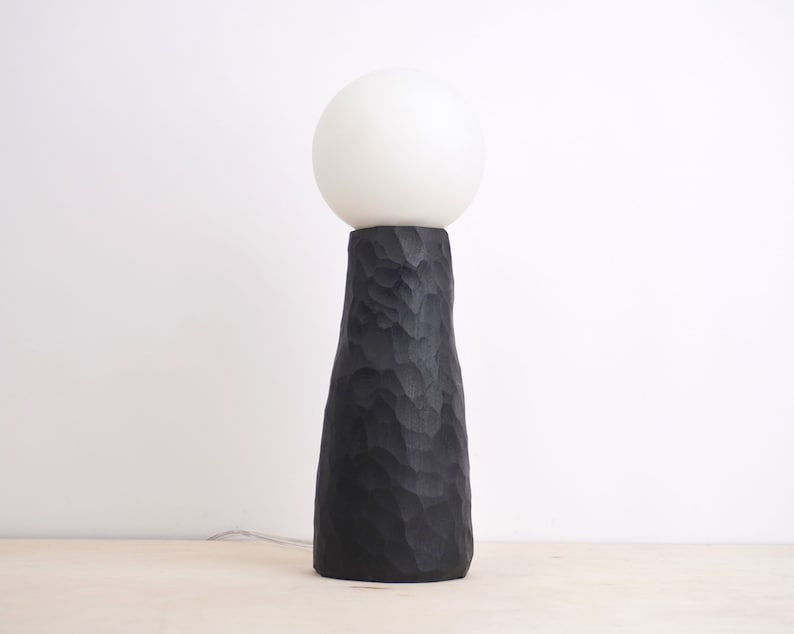 hand carved ebonized maple tall lamp. Wabi sabi textured minimal zen lamp, Japanese style image 1