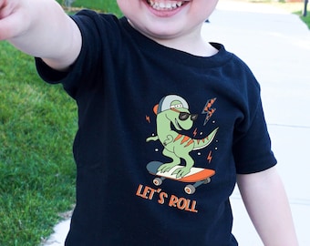 Let’s Roll Skater Dino Skateboard,Dinosaur T-Shirts,Saurus Shirt,Kids Dinosaur Shirt,T-Rex,Dinosaur Birthday Tee,Brontosaurus Dino Gift,Cute