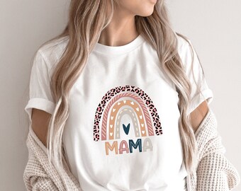 Retro Rainbow Mama T-Shirt,Leopard Mom Shirt,Mom Life Shirt,New Mom Mother Mommy Gift,Pregnancy Announcement,Baby Shower,Mothers Day Gift