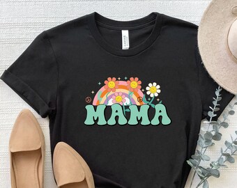 Retro Rainbow Mama T-Shirt,Leopard Mom Shirt,Mom Life Shirt,New Mom Mother Mommy Gift,Pregnancy Announcement,Baby Shower,Mothers Day Gift