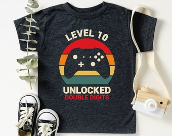 Level 10 Unlocked Double Digits Birthday Shirt, 10th Birthday Boy Shirt, Gaming Themed Birthday Boy Shirts, Tenth Birthday, Kids and Toddler