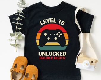 Level 10 Unlocked Double Digits Birthday Shirt, 10th Birthday Boy Shirt, Gaming Themed Birthday Boy Shirts, Tenth Birthday, Kids and Toddler