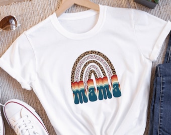 Retro Rainbow Mama T-Shirt,Leopard Mom Shirt,Mom Life Shirt,New Mom Mother Mommy Gift,Pregnancy Announcement,Baby Shower,Mothers Day Gift