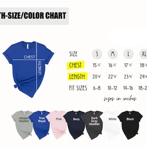 Puede incluir: Tabla de tallas de camiseta para j&oacute;venes con medidas en pulgadas para el pecho y la longitud. La tabla muestra las tallas S, M, L y XL con las medidas de pecho y longitud correspondientes. La tabla tambi&eacute;n muestra las tallas de ajuste correspondientes para cada talla. La tabla se muestra sobre un fondo blanco. Debajo de la tabla hay ocho camisetas de diferentes colores: gris deportivo, azul real, rosa, azul marino, gris oscuro jaspeado, blanco y negro.