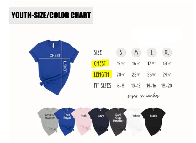 Puede incluir: Tabla de tallas de camiseta para j&oacute;venes con medidas en pulgadas para el pecho y la longitud. La tabla muestra las tallas S, M, L y XL con las medidas de pecho y longitud correspondientes. La tabla tambi&eacute;n muestra las tallas de ajuste correspondientes para cada talla. La tabla se muestra sobre un fondo blanco. Debajo de la tabla hay ocho camisetas de diferentes colores: gris deportivo, azul real, rosa, azul marino, gris oscuro jaspeado, blanco y negro.