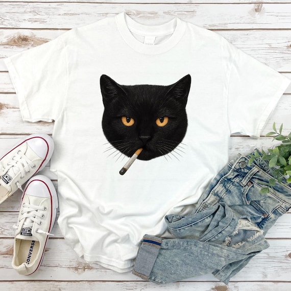 Smoking Cat T-Shirt,Retro Black Cat T-Shirt for Men Women,Edgy Retro 90s Grunge T-Shirt,Aesthetic T-Shirt,Cat Lover T-Shirt,Gift for Men