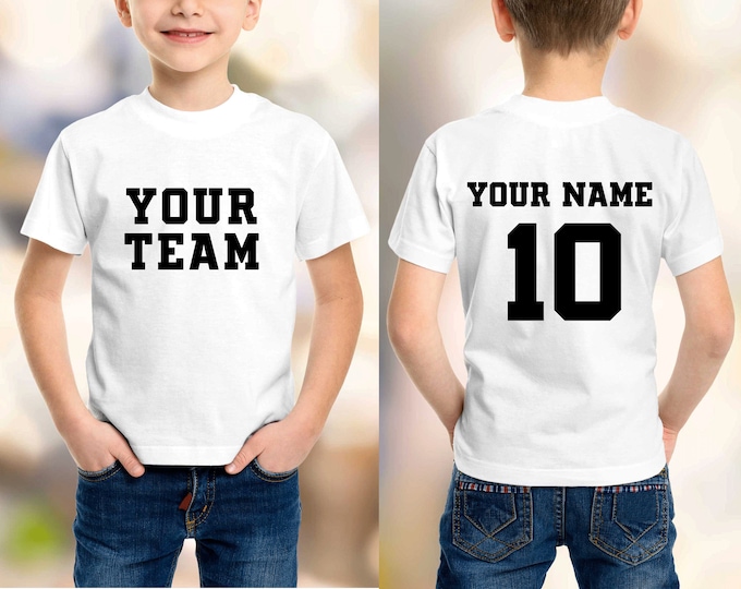 Featured listing image: Custom Kids Sports T-Shirt Front Back Team Name and Number, Personalized Sports Shirt, Customized Team Jersey, Children Name Number Tshirts