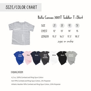 May include: Size and color chart for Bella Canvas 3001T Toddler T-Shirt. The chart shows sizes 2T, 3T, 4T, and 5T with corresponding chest and length measurements in inches. The chart also shows 10 different color options for the t-shirt: True Royal, Pink, Navy, Dark Gray Heather, White, Black, Athletic Heather.