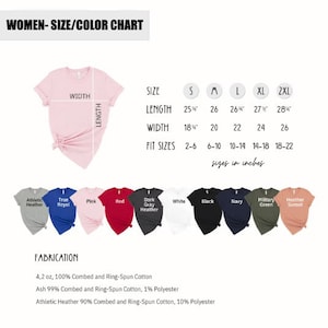 Puede incluir: Tabla de tallas y colores para camisetas de mujer. La tabla muestra las medidas en pulgadas para diferentes tallas, incluyendo peque&ntilde;a, mediana, grande, extra grande y extra extra grande. La tabla tambi&eacute;n muestra las tallas de ajuste en pulgadas, que van de 2-6 a 18-22. La tabla incluye una variedad de colores, incluyendo gris deportivo, azul royal verdadero, rosa, rojo, gris deportivo oscuro, blanco, negro, azul marino, verde militar y atardecer deportivo.