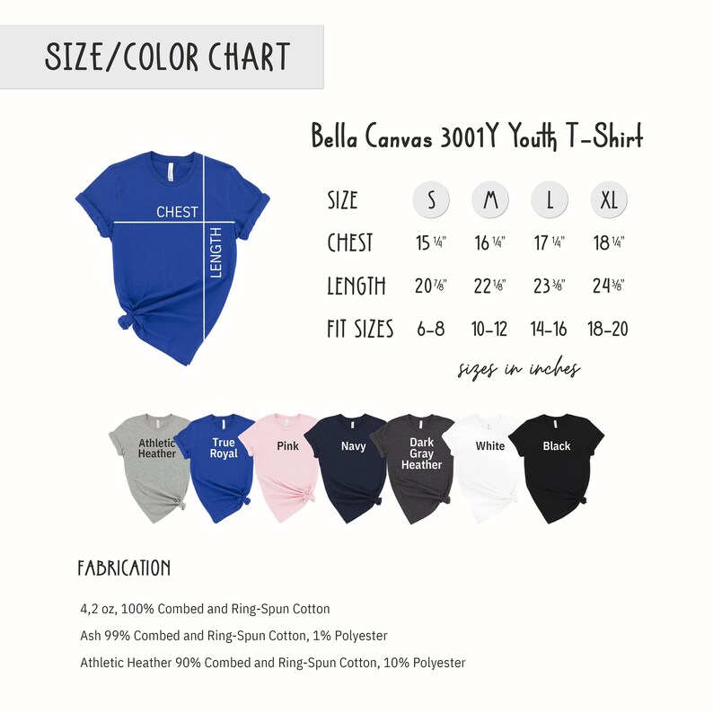 May include: Size and colour chart for a Bella Canvas 3001Y youth t-shirt. The chart shows chest and length measurements in inches for sizes S, M, L, and XL. Fabric details include 4.2 oz, 100% combed and ring-spun cotton.
