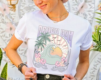 Beach Bum Shirt, Gift For Her, Beach Waves Tee, Preppy Shirt, Retro Beach Happy Vibes Shirt Summer Sunset Pastel Shirt,Beach Bum,Beach Shirt