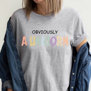 May include: A gray t-shirt with the text "OBVIOUSLY A UNICORN" in rainbow colors.