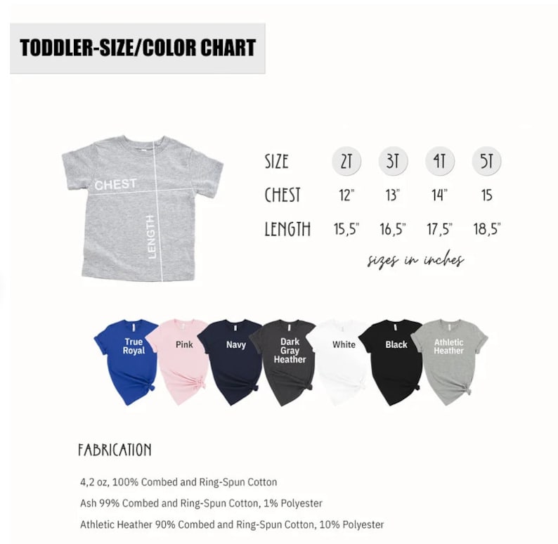 Puede incluir: Tabla de tallas para camisetas de ni&ntilde;os peque&ntilde;os con medidas en pulgadas para el pecho y la longitud. La tabla muestra las tallas 2T, 3T, 4T y 5T. La tabla tambi&eacute;n muestra la composici&oacute;n de la tela: 4,2 oz, 100% algod&oacute;n peinado y hilado en anillo, ceniza 99% algod&oacute;n peinado y hilado en anillo, 1% poli&eacute;ster y mezcla atl&eacute;tica 90% algod&oacute;n peinado y hilado en anillo, 10% poli&eacute;ster.