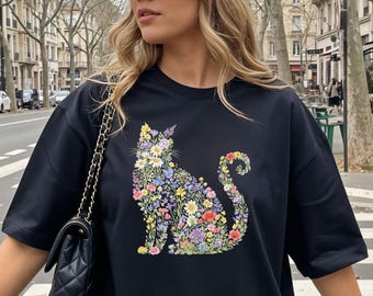 Floral Cat Shirt ,Cat Mom Shirt, Cat Lover Shirt, Animal Lover Shirt,Cat Lovers Gift, Gift for Mom,Gift for Dad, Mama Shirt, Pet Lover Shirt