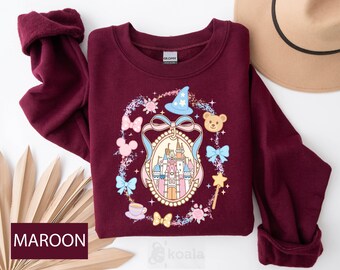 Magical Castle Coquette with Pink Bow Sweatshirt, Disney Castle Sweatshirt, Magic Kingdom Hoodie, Cartoon Pink Ribbon, Princess Sweatshirt