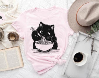 Noodle Cat Shirt, Cat Lover Shirt, Cat Shirt, Ramen Cat Shirt, Cat Mom Shirt, Animal Lover Shirt, Gift for Mom, Anime Cat Tee, Gift for Her