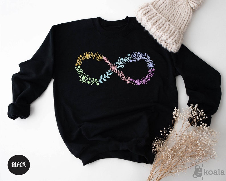May include: Black sweatshirt with a rainbow floral infinity symbol design.