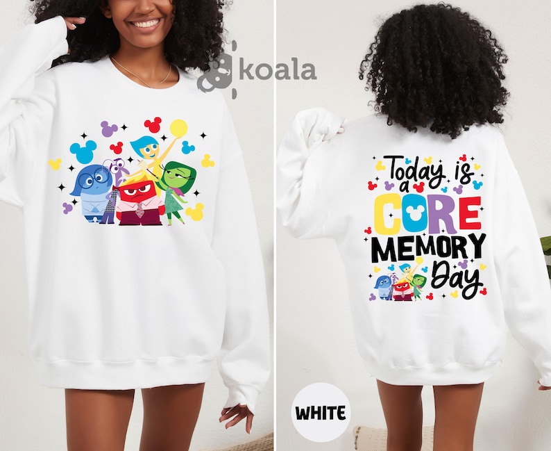 a woman wearing a white sweatshirt with the words today is a core memory day on