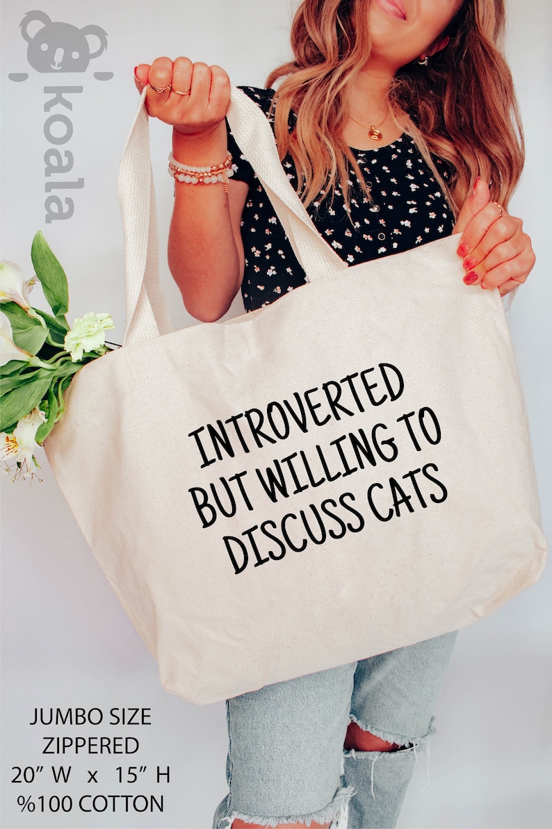 Introverted But Willing To Discuss Cat Tote Bag, Introvert Tote Bag, Cat Lover Tote Bag, Cat Mom Tote Bag, Cat Lover Gift, Gift for Mom image 2