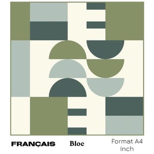 May include: Abstract geometric design with green, blue, and white shapes. The design includes rectangles, squares, and semi-circles. The text "FRANÇAIS Bloc Format A4 Inch" is at the bottom of the image.