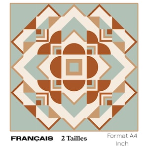 Peut inclure: Motif géométrique aux tons marron, crème et turquoise, avec un motif central carré et un motif répétitif. Le texte « FRANÇAIS 2 Tailles Format A4 Inch » est en bas. Le motif est sur un fond turquoise.