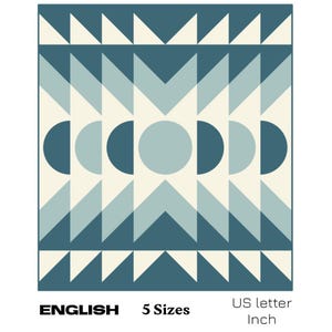May include: A geometric pattern with teal blue and white triangles and circles. The pattern is repeated in a symmetrical design. The text "ENGLISH 5 Sizes US letter Inch" is at the bottom of the image.