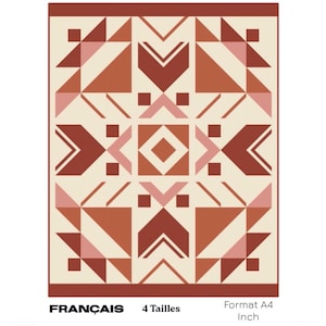 May include: Geometric pattern with a white background, red and pink triangles, and squares. The pattern is symmetrical and has a modern design. The text "FRANÇAIS 4 Tailles Format A4 Inch" is at the bottom of the image.