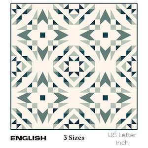 Peut inclure: Motif de quilt géométrique dans les tons de teal, gris et crème. Le design présente des formes d'étoiles et de flèches répétitives, avec le texte "ENGLISH", "3 Sizes", et "US Letter Inch" en bas.