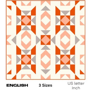 May include: Geometric pattern with orange, pink, and gray squares and triangles on a white background. The pattern is repeated throughout the image. The text "ENGLISH" and "3 Sizes" is at the bottom of the image. The text "US letter Inch" is at the bottom right of the image.