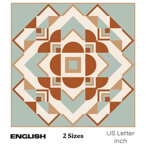 May include: Geometric patterned design in shades of brown, cream, and teal. The design features repeating shapes, including squares, triangles, and semi-circles. The text "ENGLISH", "2 Sizes", and "US Letter Inch" are at the bottom.