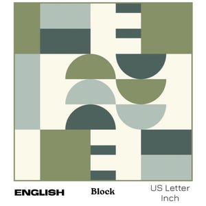 May include: Abstract geometric pattern with green, blue, and white shapes. The pattern includes rectangles, squares, and semi-circles. The text "ENGLISH Block US Letter Inch" is at the bottom of the image.