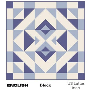 May include: A geometric pattern with a blue and white color scheme. The pattern is made up of squares and triangles. The pattern is repeated in a symmetrical design. The pattern is called "Block" and is in the "US Letter" size.