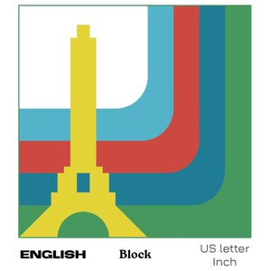 May include: A yellow Eiffel Tower-shaped design with a green, blue, red, and white background. The text "ENGLISH" and "Block" are at the bottom of the image.