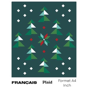May include: A dark teal plaid pattern featuring stylized green Christmas trees with white and light blue accents, red diamond shapes, and white diamond shapes. The word "FRANÇAIS" is at the bottom left.