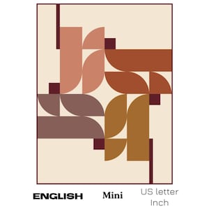 Peut inclure: Impression d'art géométrique abstrait avec un motif de formes superposées dans des tons de marron, pêche et bordeaux sur un fond crème. Le mot "ENGLISH" est imprimé en bas à gauche. Les mots "Mini" et "US letter Inch" sont imprimés en dessous.