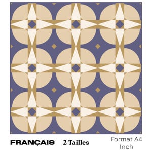 May include: A geometric pattern with overlapping circles and triangles in shades of beige, white, and dark blue. The pattern is repeated throughout the image. The text "FRANÇAIS 2 Tailles Format A4 Inch" is at the bottom of the image.