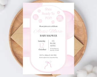 Invitación editable rosa para baby shower / Descarga digital / Invitación imprimible "Está lista para estallar"
