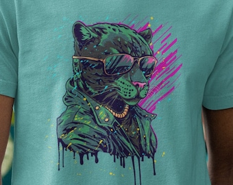 Vaporwave Aesthetic Tiger Of The Night Tee | Dripping Paint Leather Jacket and Sunglasses Shirt | 80s Summer Night Vibes Art T- Shirt