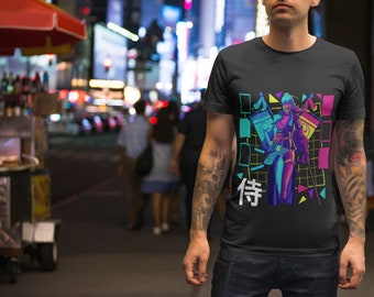 Vaporwave Female Samurai Onna-musha Tee | Oni Facemask Shirt | Hanya Mask T-Shirt | Bushido Blade Sunrise VS Sunset Warrior | Large Sizes