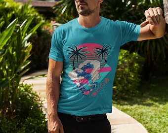Vaporwave Aesthetic The Great Wave Off Kanagawa T-Shirt | Geometric Retro Sunset | Palm Trees And Summer Vibes Tee | Ukiyo-e Art Shirt
