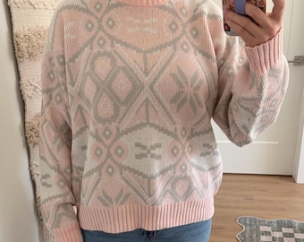Vintage 1980s Pastel Pink & Gray Geometric Print Sweater Size Medium