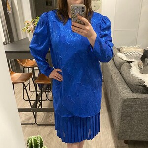 Patterned lace panel chiffon overlay royal blue dress shop