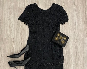 Vintage | Stenay Black Floral Beaded Short-Sleeve Dress 100% Silk | Vintage Size 6 / Modern US Size Small