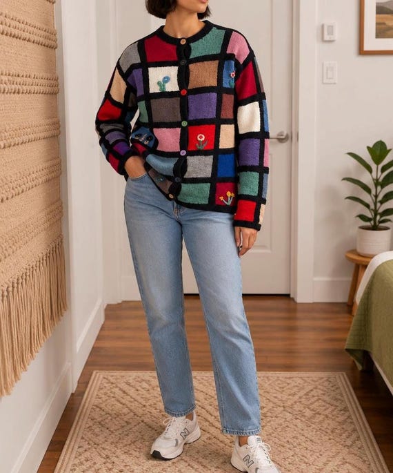 Vintage Handmade Colorful Patchwork Knit Cardigan Size Medium