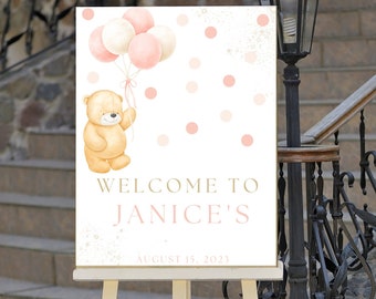 Pink and Gold Bear Baby Shower Welcome Sign Luxury | Welcome to our Baby Shower | Printable Instant Download