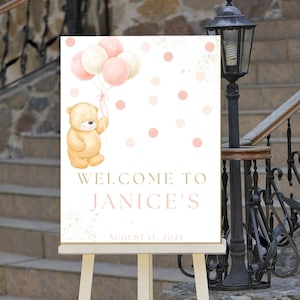 Pink and Gold Bear Baby Shower Welcome Sign Luxury | Welcome to our Baby Shower | Printable Instant Download
