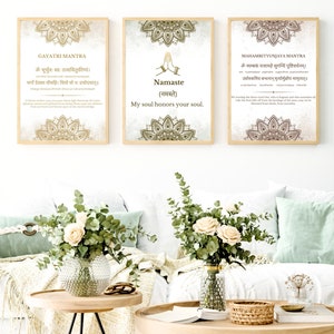 Set of 3 Mantra Prints | Gayatri Mantra, Namaste, Mahamrityunjaya Mantra | Home Decor | Mantra for Daily Prayers | DIGITAL DOWNLOAD