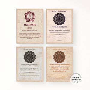 Lot de 4 oeuvres d'art murales Mantra | Shanti Mantra, Gayatri Mantra, Guru mantra et Namaste Impression | Mantra pour les prières quotidiennes | Ensemble de mantras imprimables