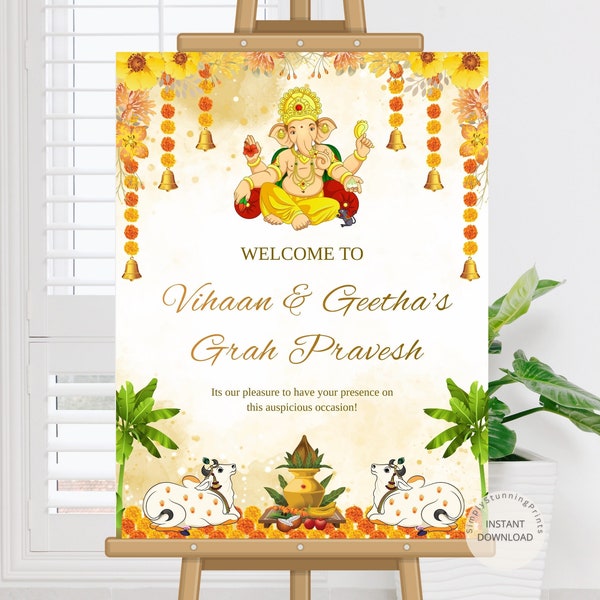 Indian Graha Pravesh Willkommens-Schild als Griha Pravesham | Traditionelles Housewarming Willkommensschild | Grah Pravesh Dekor | Bearbeitbares digitales Poster
